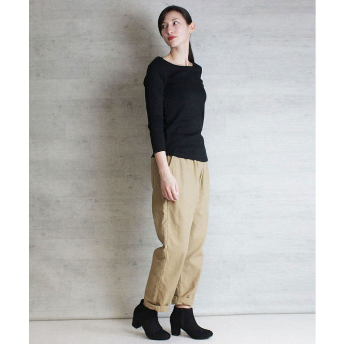 アットワン atONE Uネック8分袖コットンフライスTシャツ （BLACK） ブラック