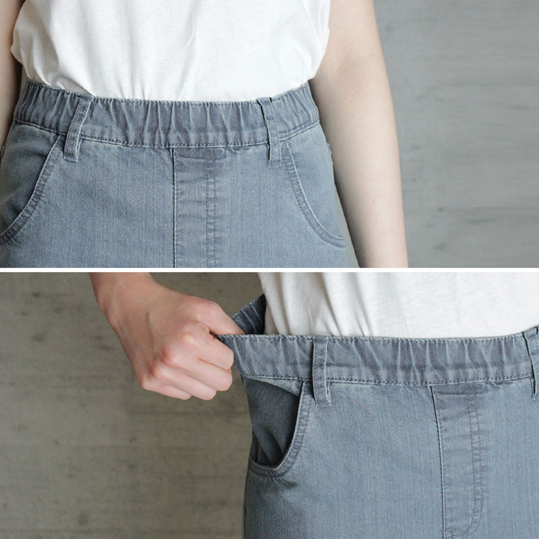 アットワン atONE 裾パール付きウエストゴムデニムスリムパンツ