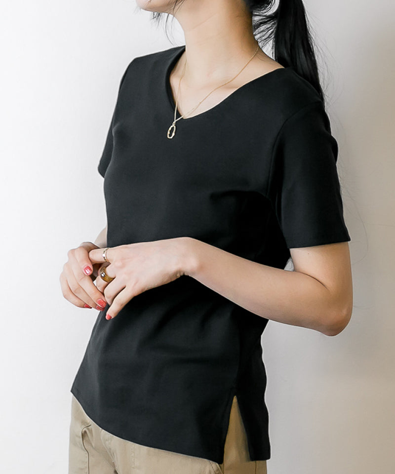 アットワン atONE ダブルフロント半袖Tシャツ,Vネックブラック