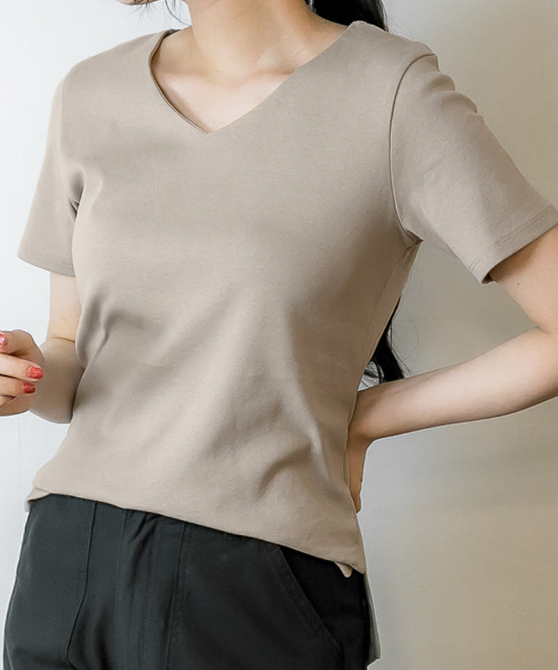 アットワン atONE ダブルフロント半袖Tシャツ,Vネックグレーベージュ