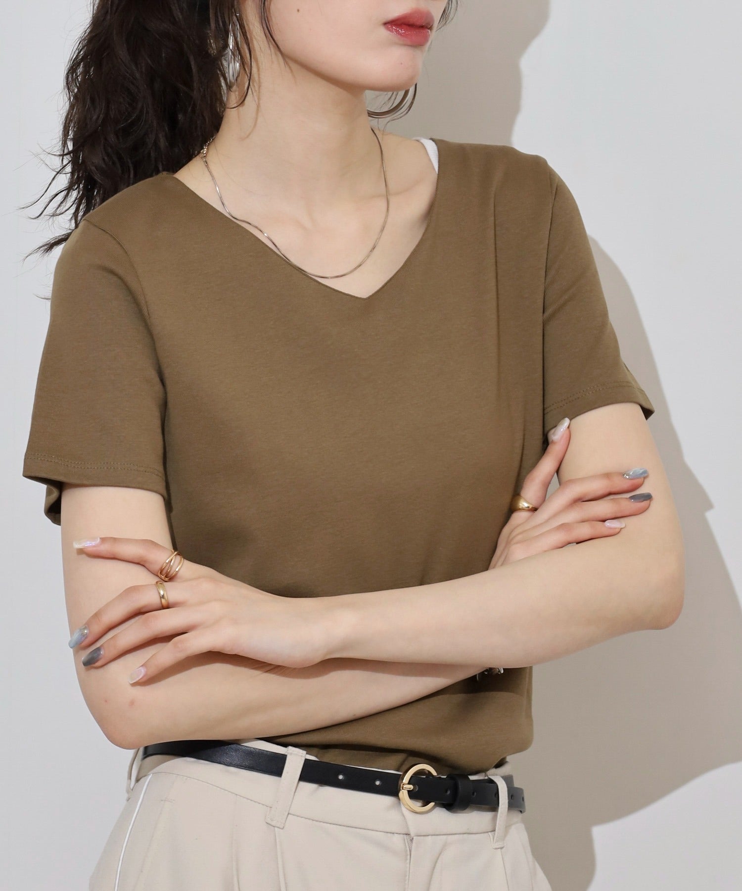 アットワン atONE ダブルフロント半袖Tシャツ （Vネック カーキ） Vネックカーキ