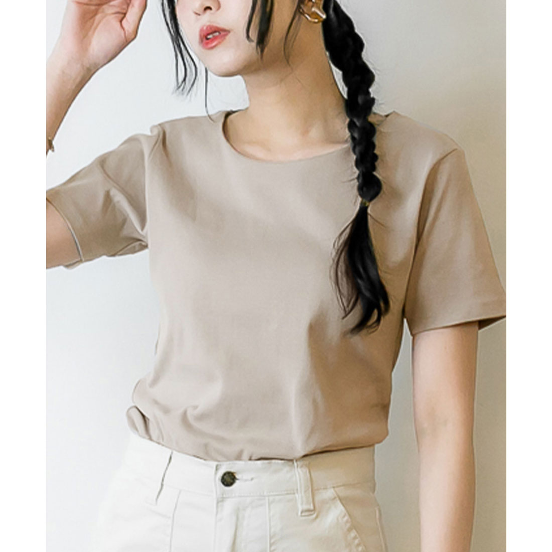 アットワン atONE ダブルフロント半袖Tシャツ,Uネックグレーベージュ