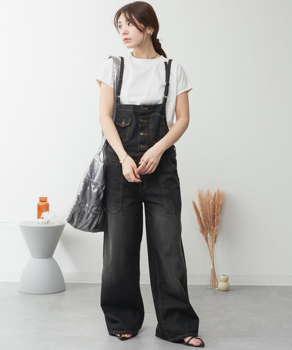 アットワン atONE デニムサロペットワイドパンツ （ブラックデニム） ブラックデニム
