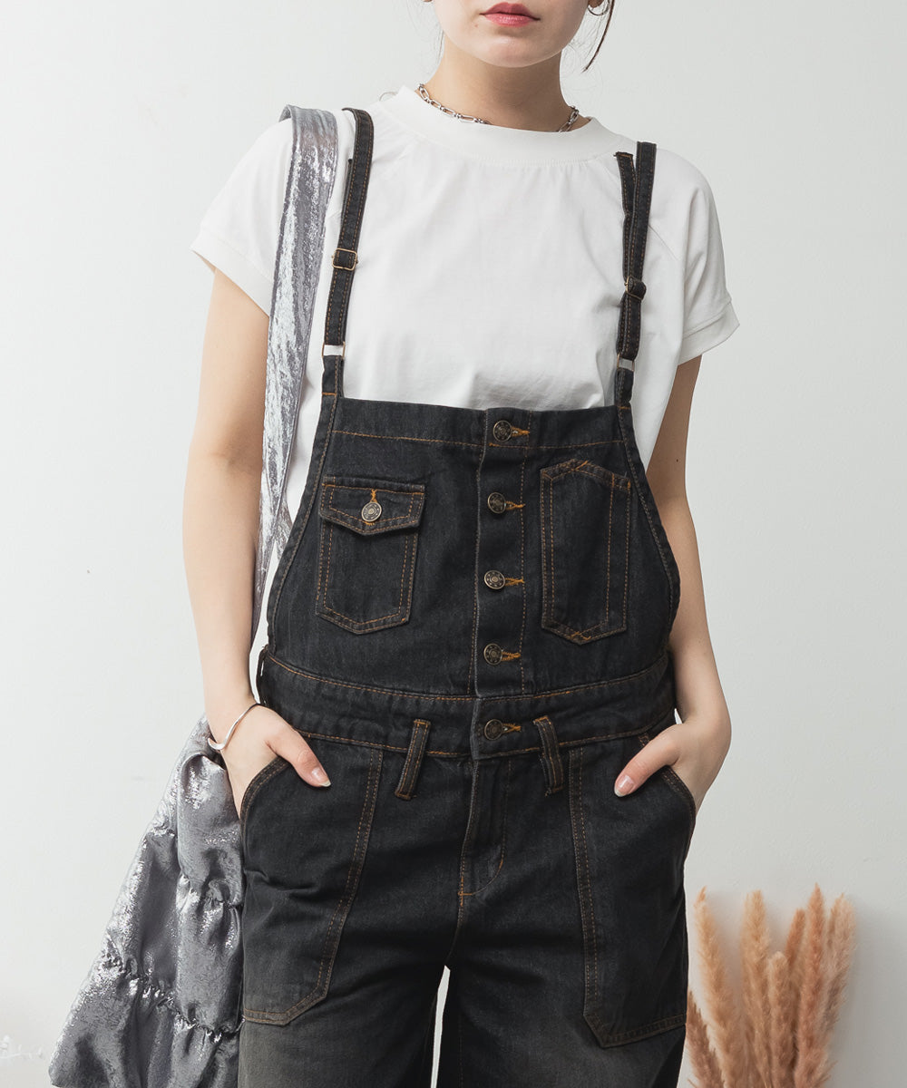 アットワン atONE デニムサロペットワイドパンツ （ブラックデニム） ブラックデニム