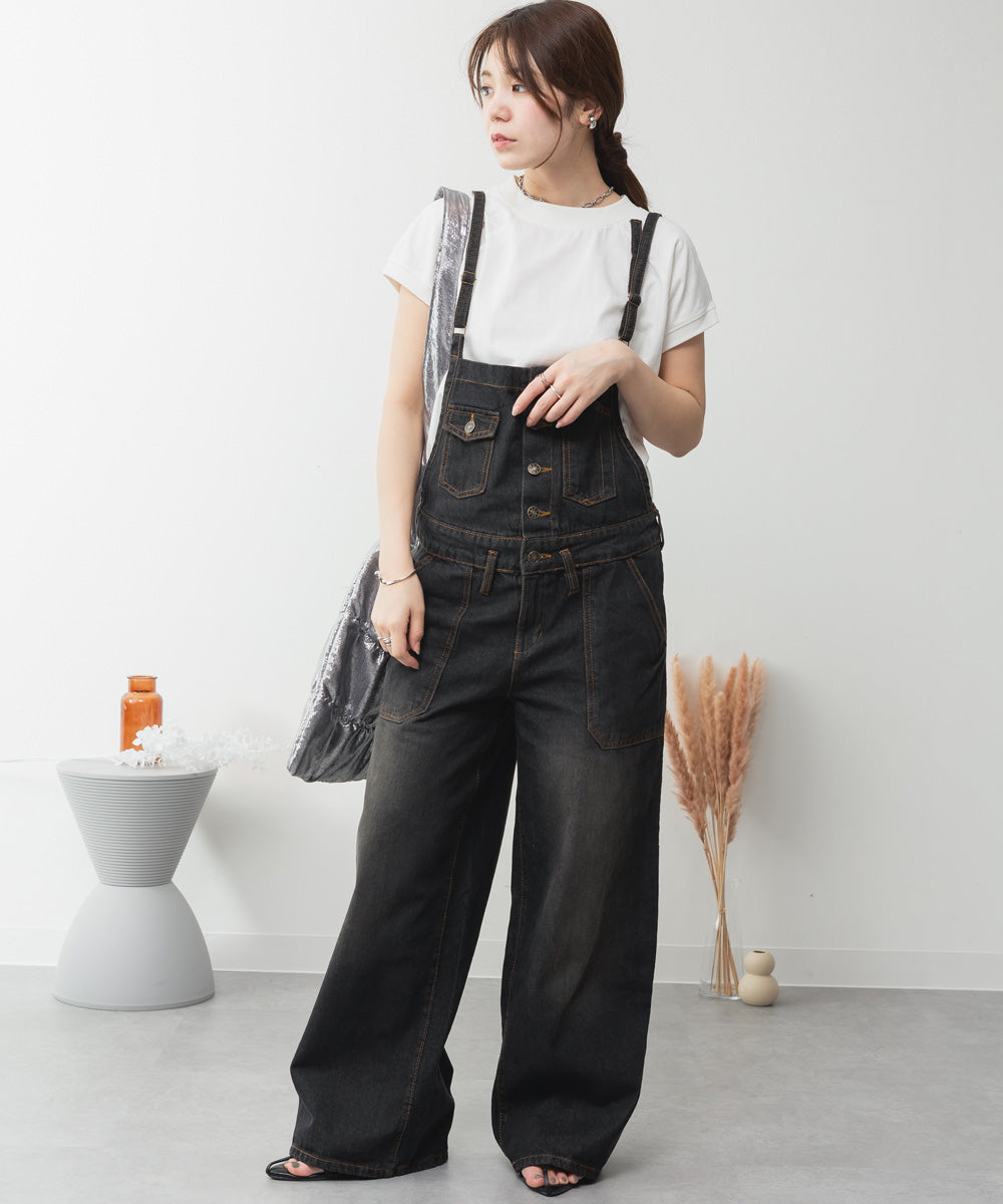 アットワン atONE デニムサロペットワイドパンツ （ブラックデニム） ブラックデニム