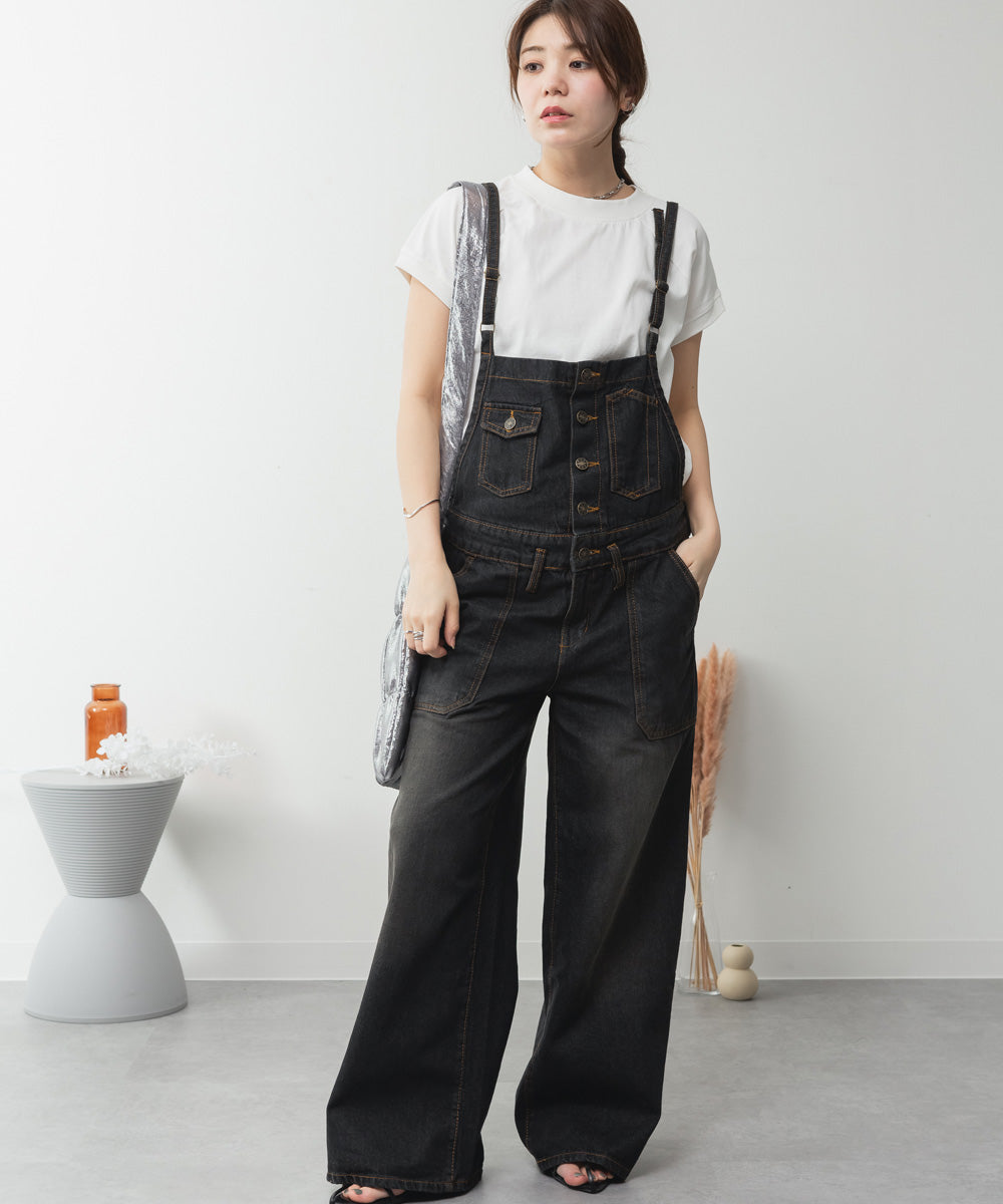 アットワン atONE デニムサロペットワイドパンツ （ブラックデニム） ブラックデニム