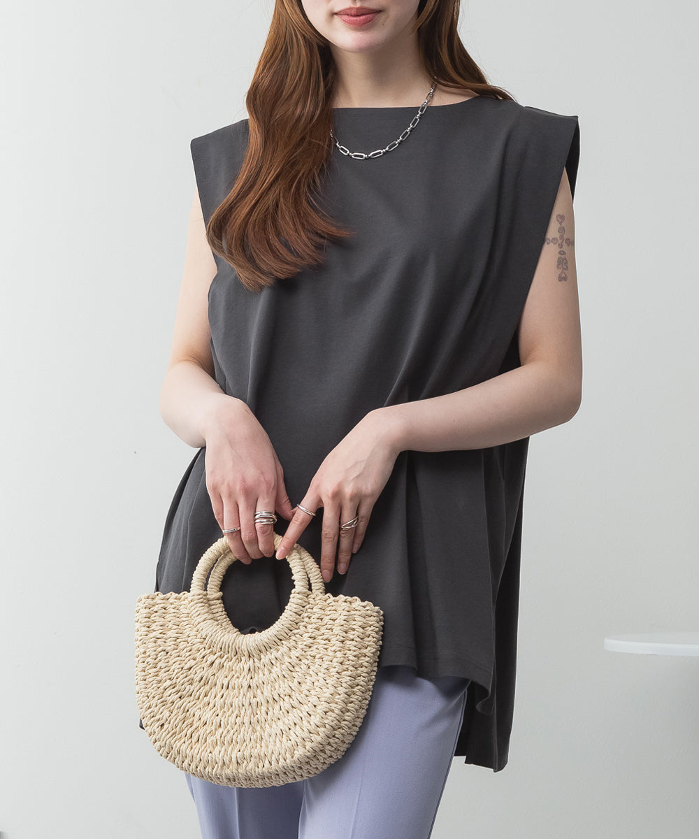 アットワン atONE 肩タックノースリーブボートネックTシャツ （チャコールグレー） チャコールグレー