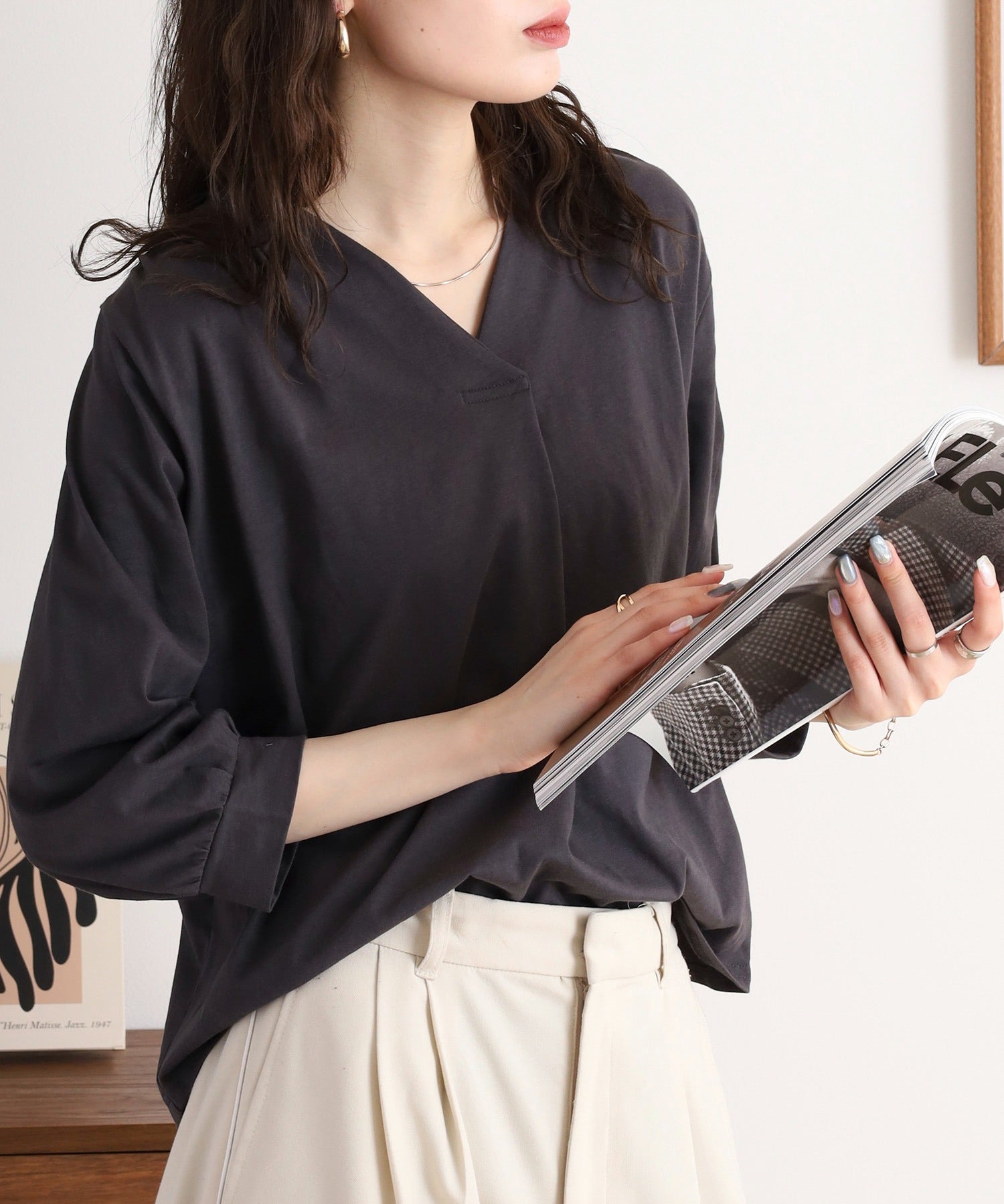 アットワン atONE ブラウス風タックスキッパー 七分丈Tシャツ （チャコールグレー） チャコールグレー