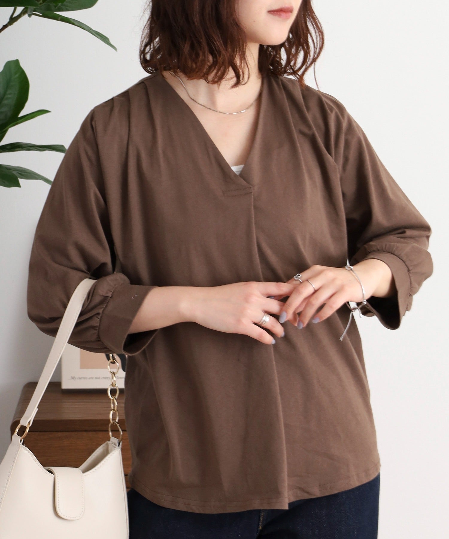 アットワン atONE ブラウス風タックスキッパー 七分丈Tシャツ （モカ） モカ