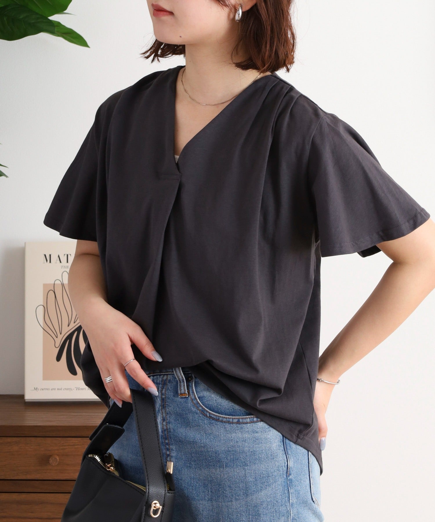 アットワン atONE ブラウス風タックスキッパー半袖Tシャツ （チャコールグレー） チャコールグレー