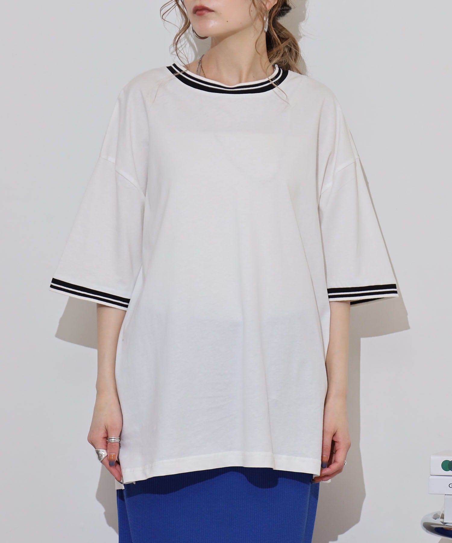 アットワン atONE 配色袖リブライン入りTシャツ （ホワイト） ホワイト