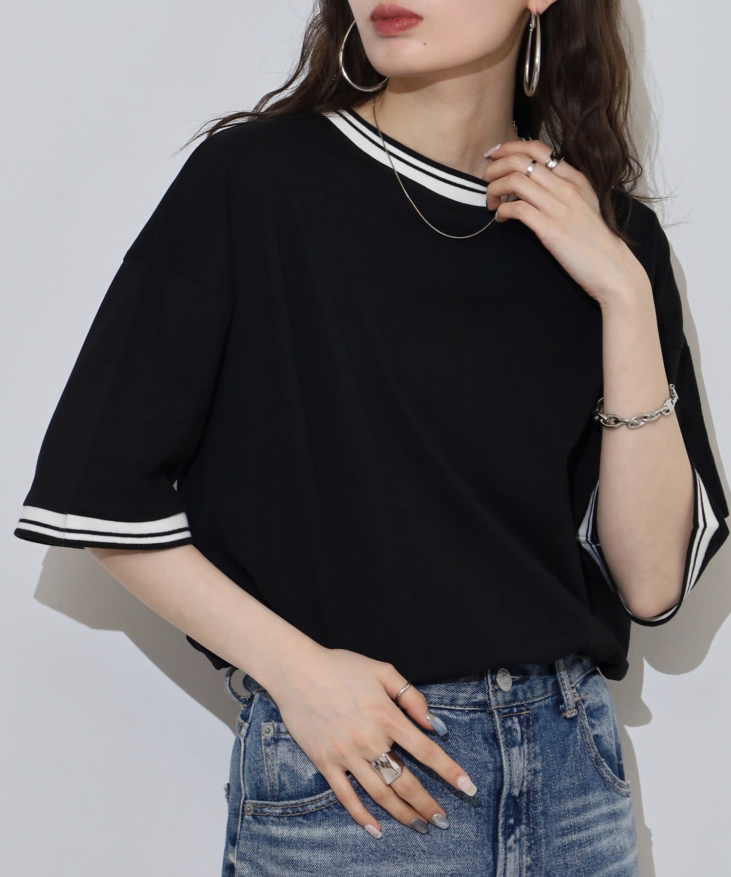 アットワン atONE 配色袖リブライン入りTシャツ （ブラック） ブラック