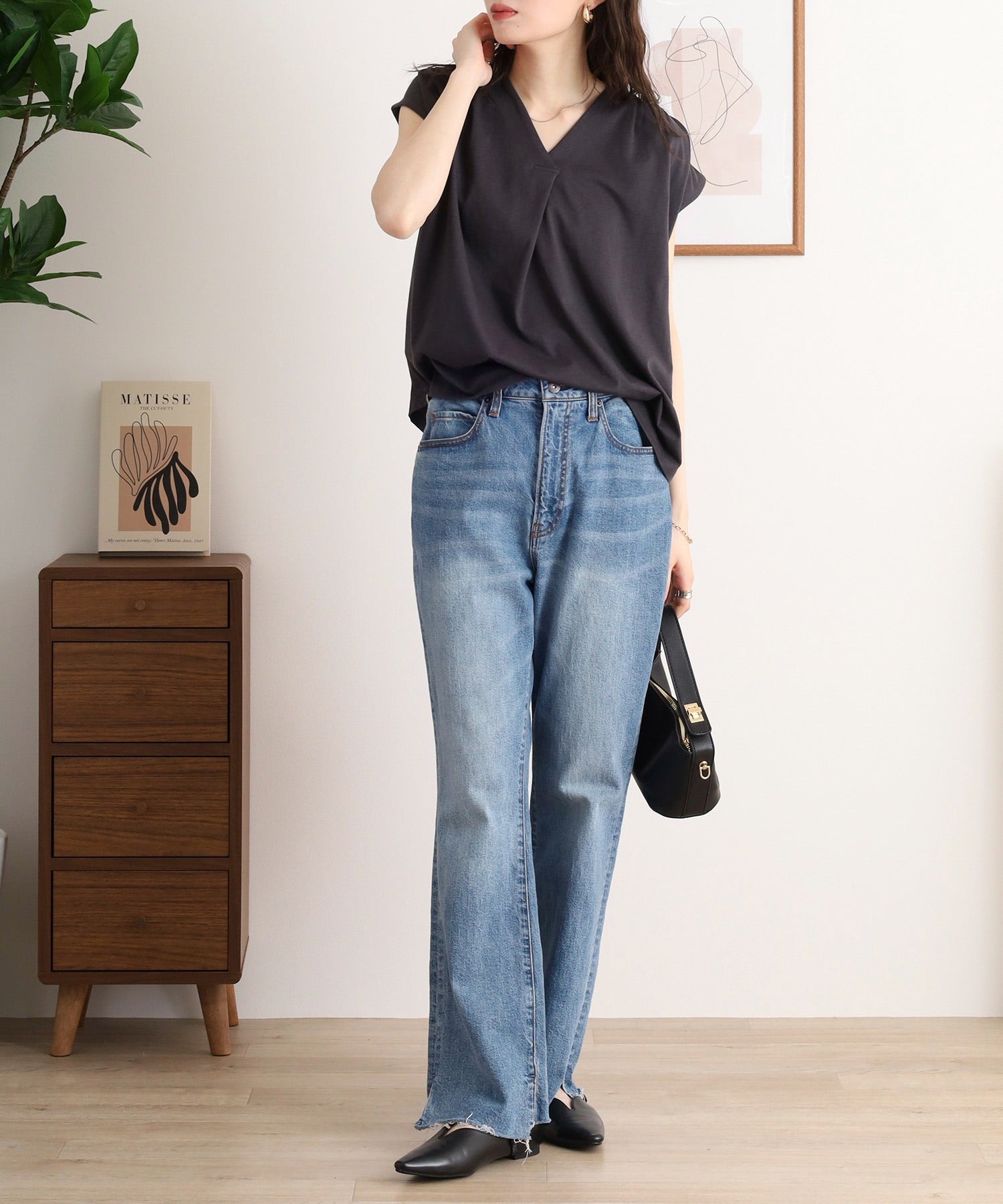 アットワン atONE ブラウス風タックスキッパー フレンチ袖Tシャツ （チャコールグレー） チャコールグレー