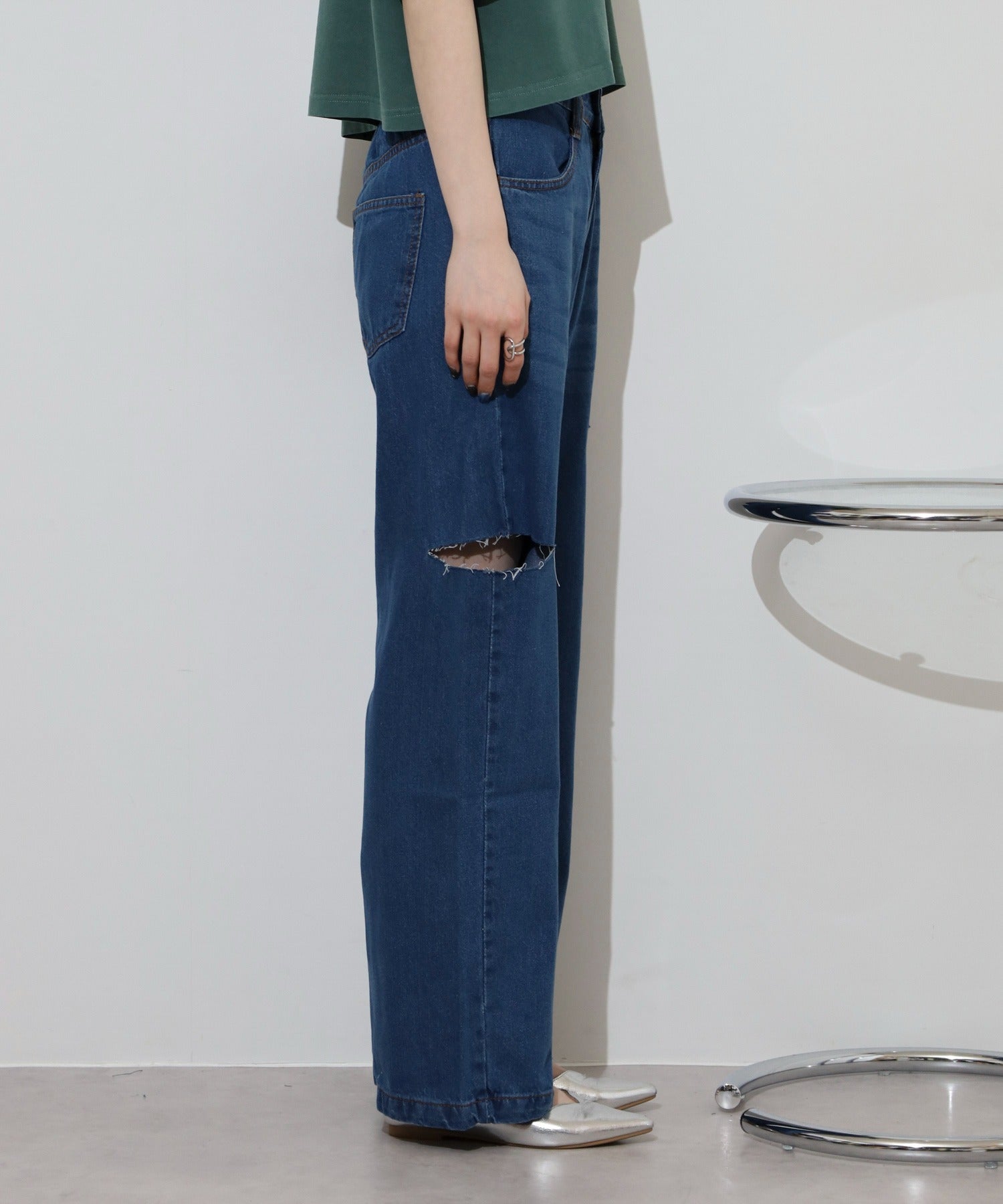 アットワン atONE デニムダメージストレートパンツ （ネイビー） ネイビー