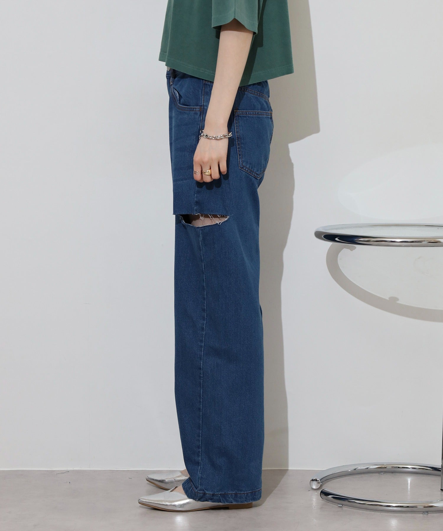 アットワン atONE デニムダメージストレートパンツ （ネイビー） ネイビー