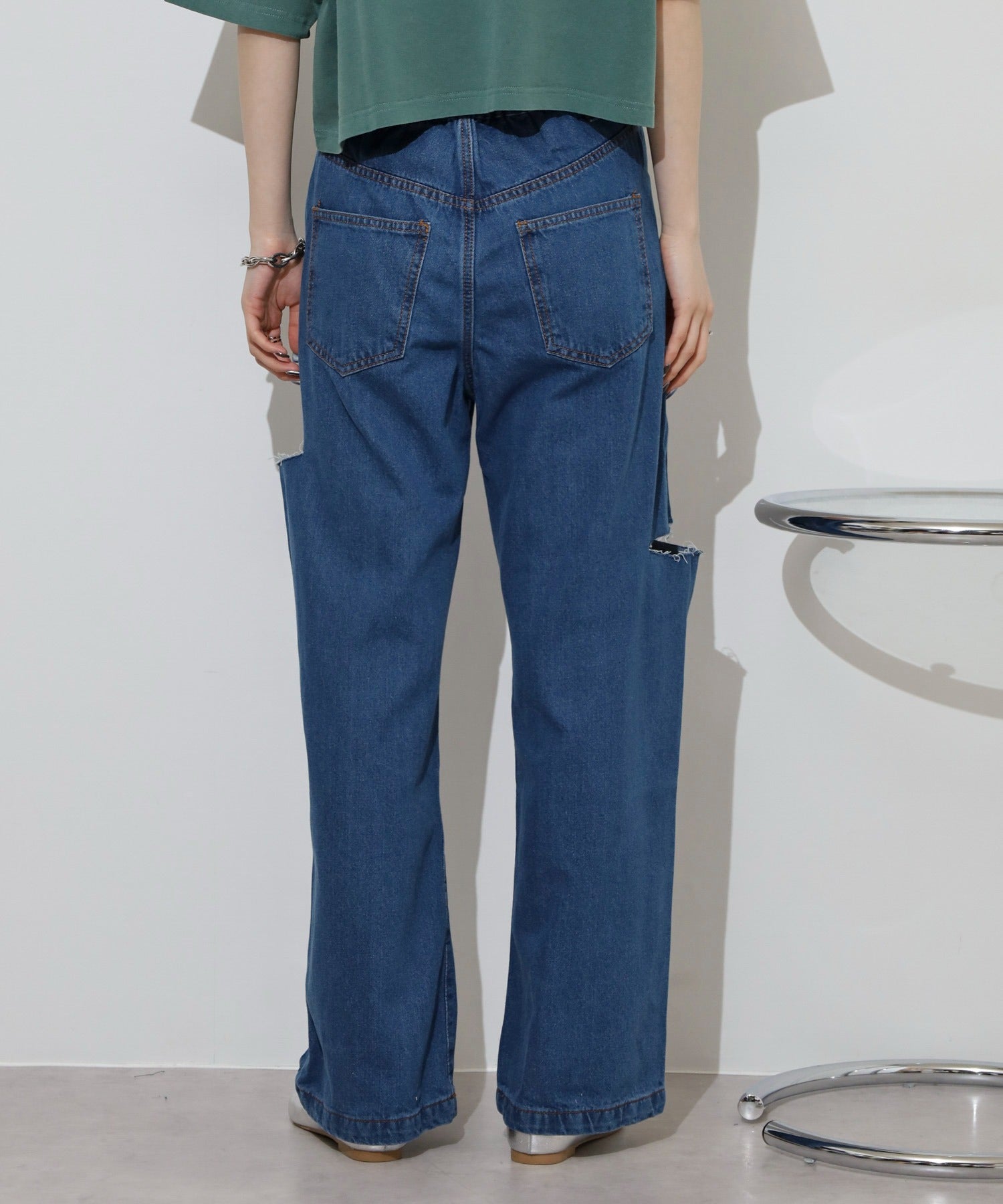 アットワン atONE デニムダメージストレートパンツ （ネイビー） ネイビー