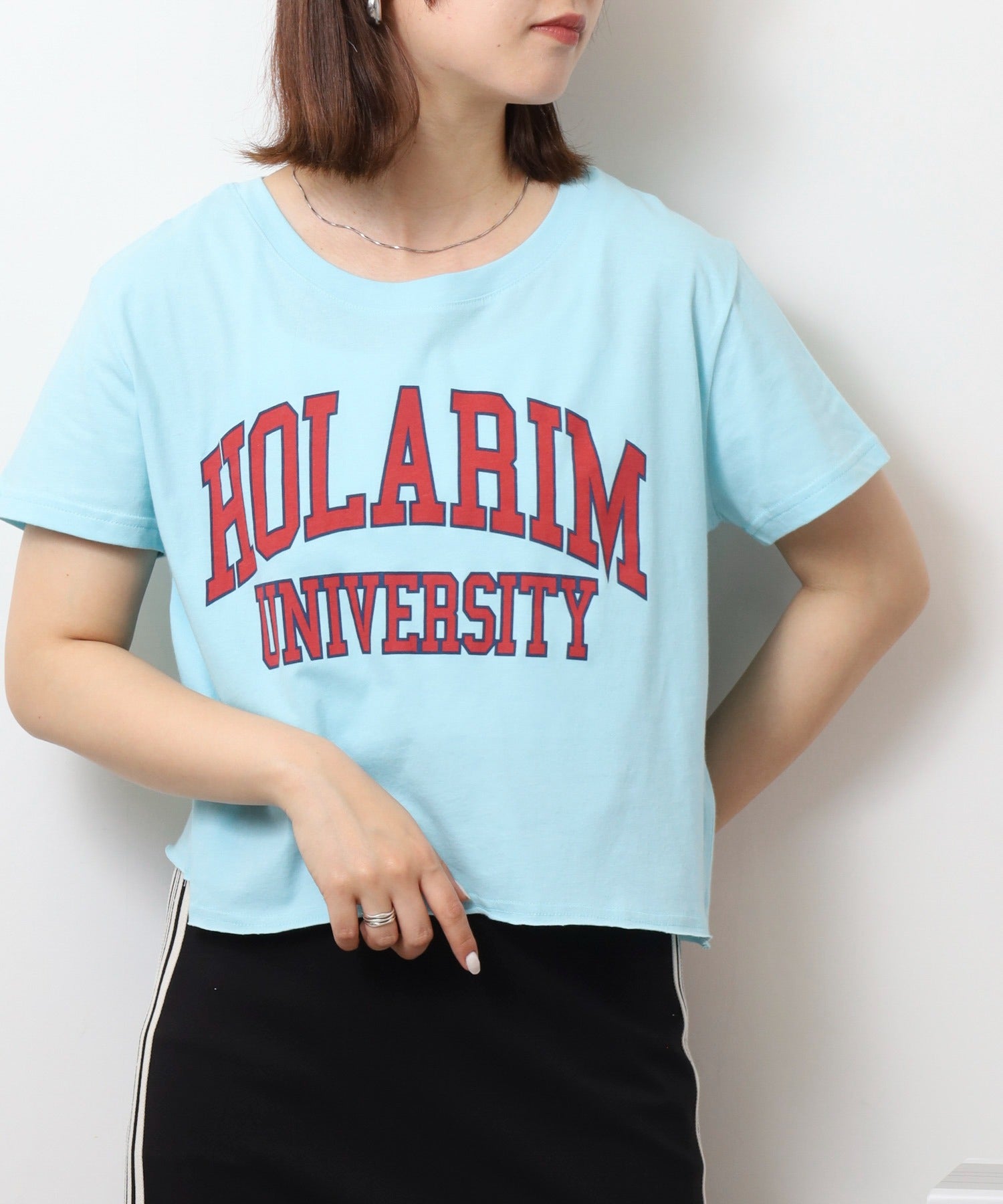 アットワン atONE ショート丈裾フリンジオーバサイズシルエットロゴプリントTシャツ （サックス4） サックス4