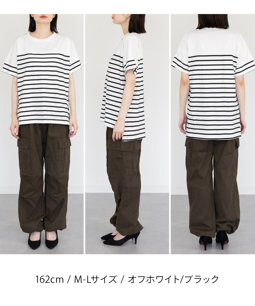 アットワン atONE パネルボーダー風半袖トップス （オフホワイト×ブラック） オフホワイト×ブラック