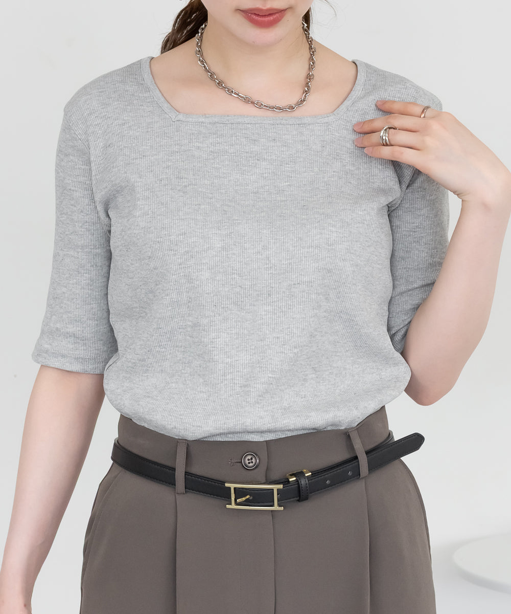 アットワン atONE スクエアネック5分袖コットンリブTシャツ （杢グレー） 杢グレー