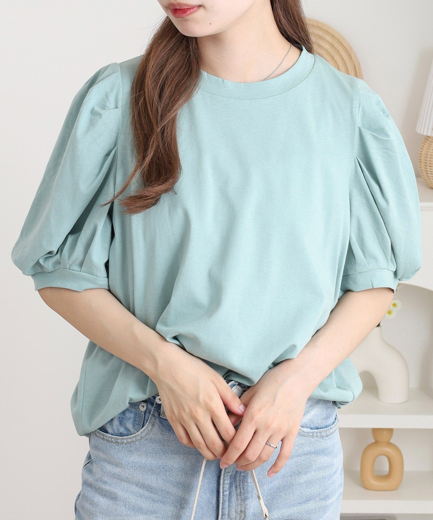 アットワン atONE ラウンドネックパフスリーブ半袖Tシャツ （ミント） ミント