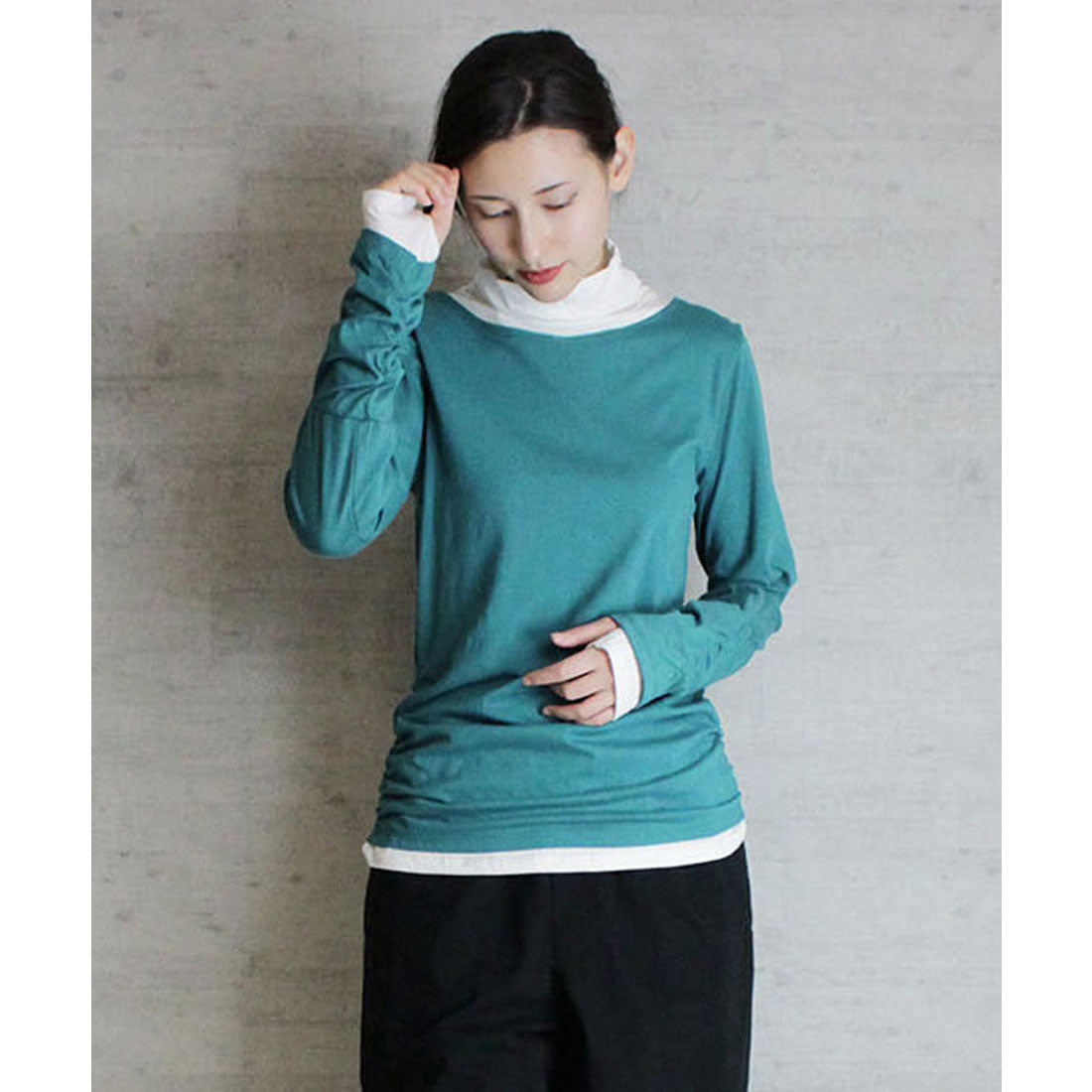 アットワン atONE くしゅタートルネック指穴ロングTシャツ,ブルーグリーン