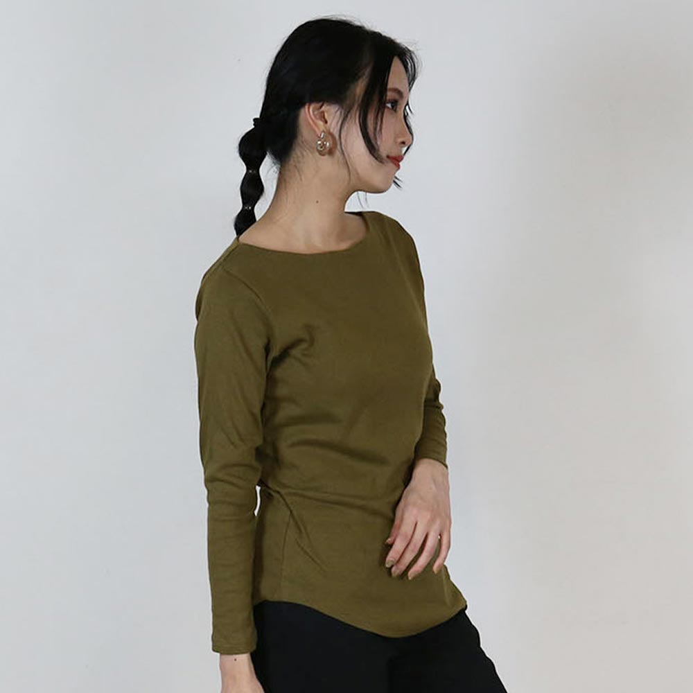 アットワン atONE キレイ見せボートネックロングTシャツ,カーキ