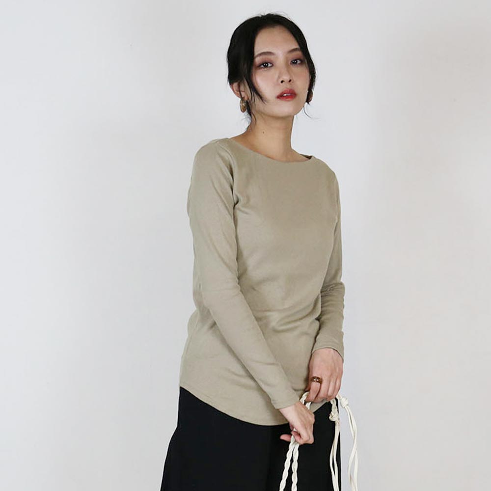 アットワン atONE キレイ見せボートネックロングTシャツ,グレーベージュ