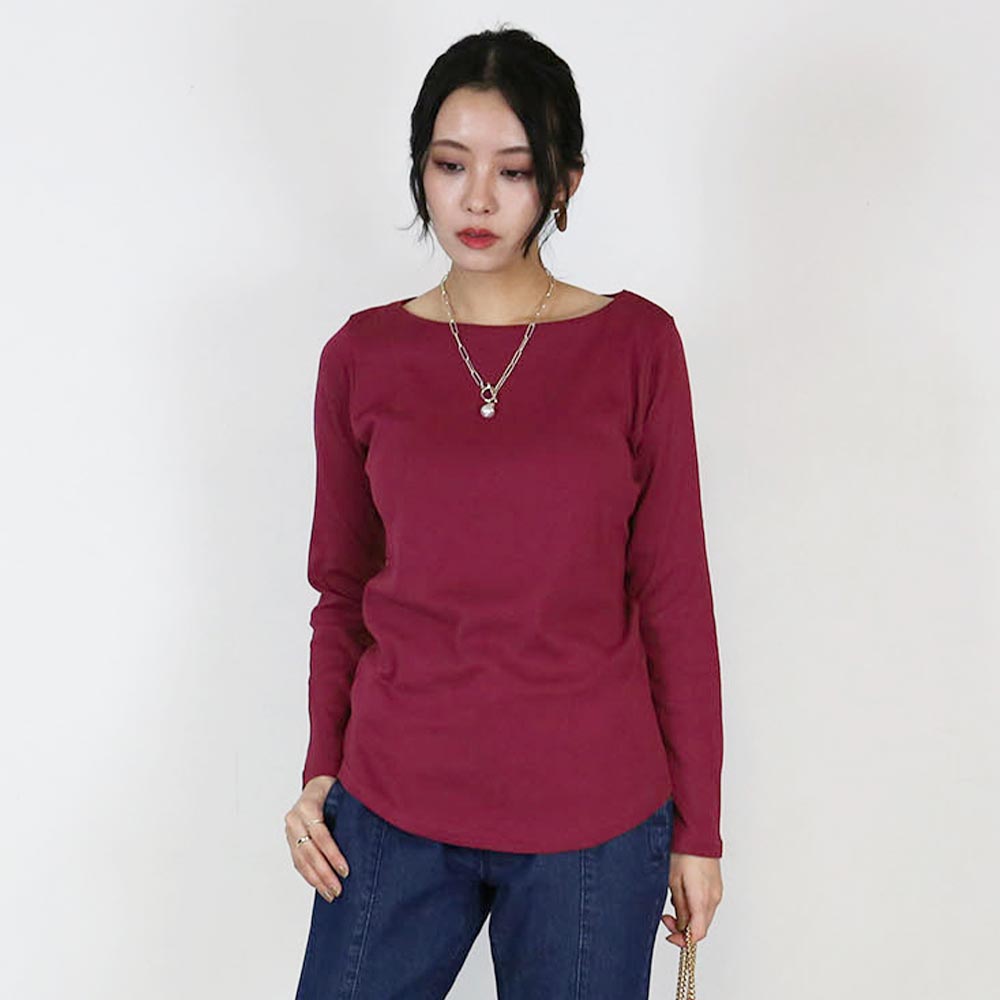 アットワン atONE キレイ見せボートネックロングTシャツ,ラズベリー