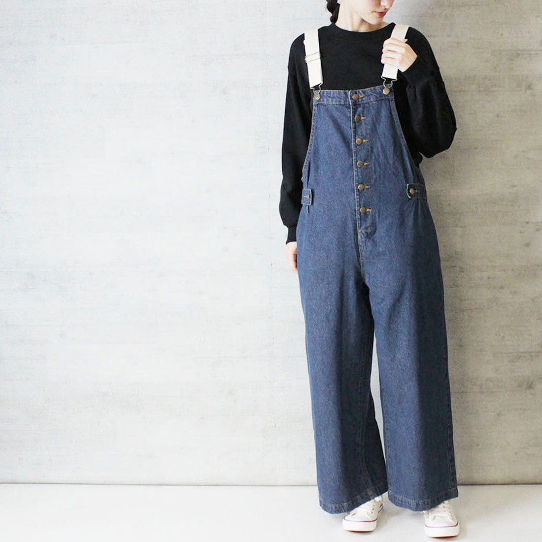 アットワン atONE 配色ショルダーデニムサロペットパンツ,ネイビー