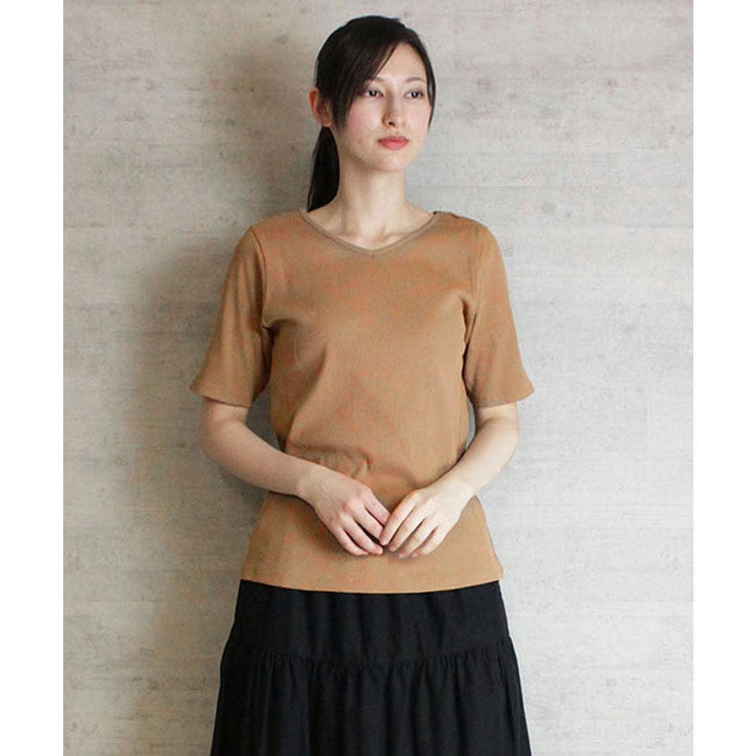 アットワン atONE Vネック5分袖コットンリブTシャツ