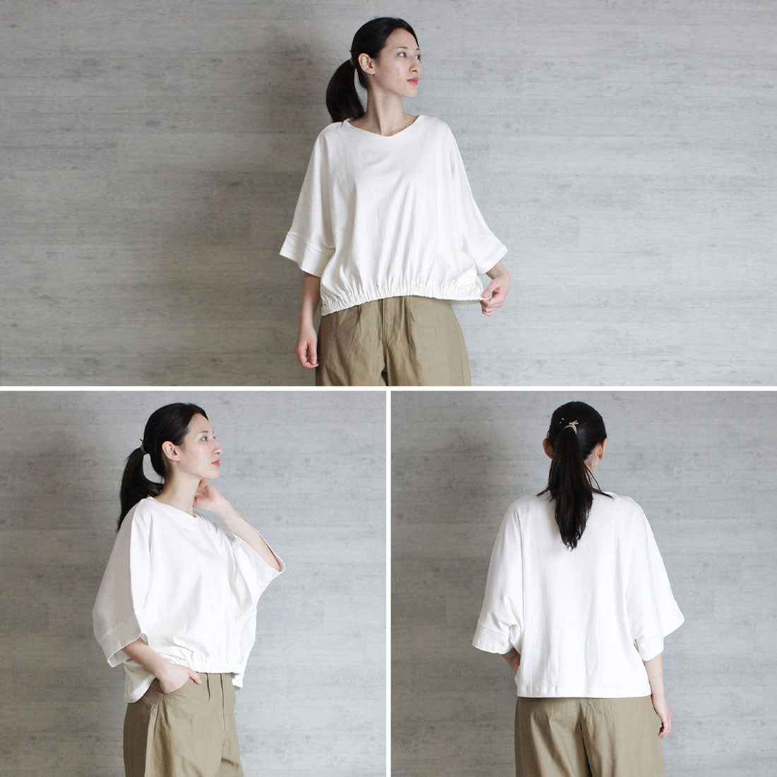アットワン atONE 前ギャザーVネック6分袖Tシャツ