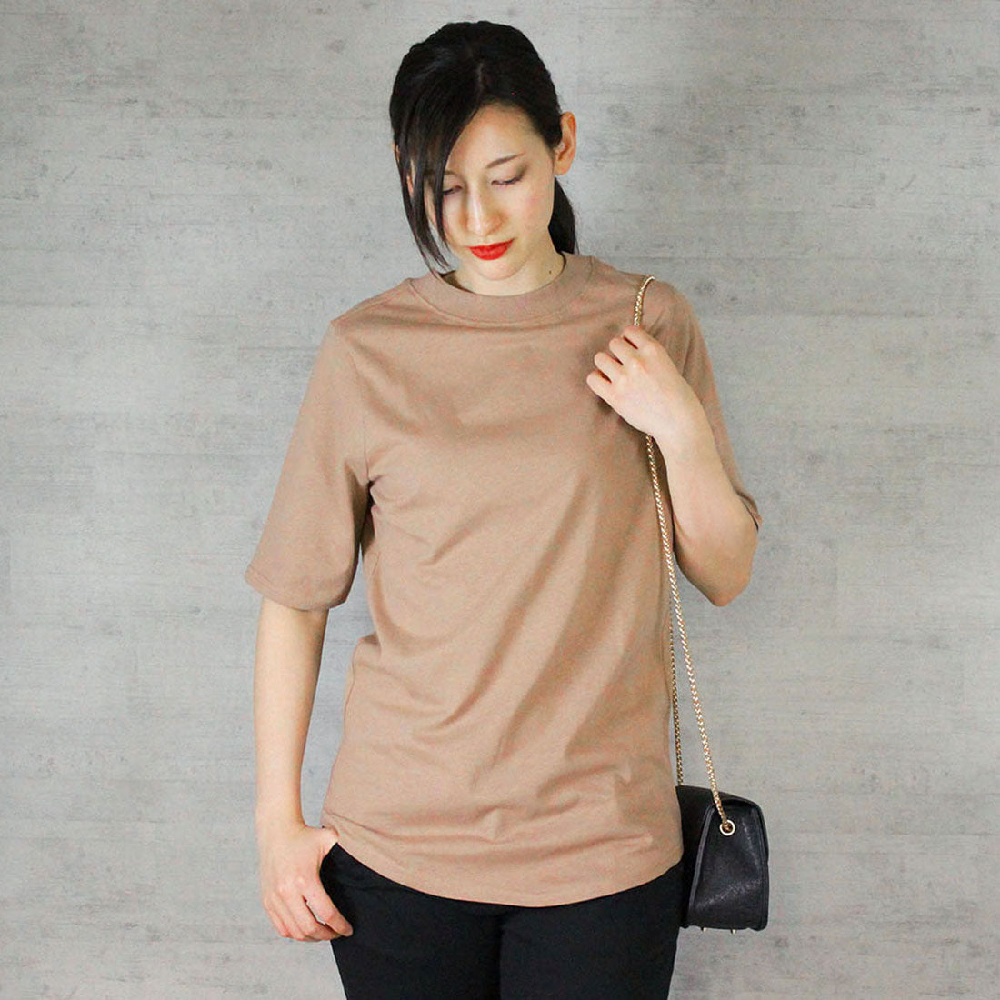 アットワン atONE プチハイネック半袖Tシャツ,モカ