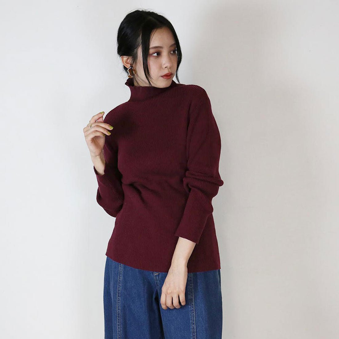 アットワン atONE タートルネックリブニット,バーガンディー