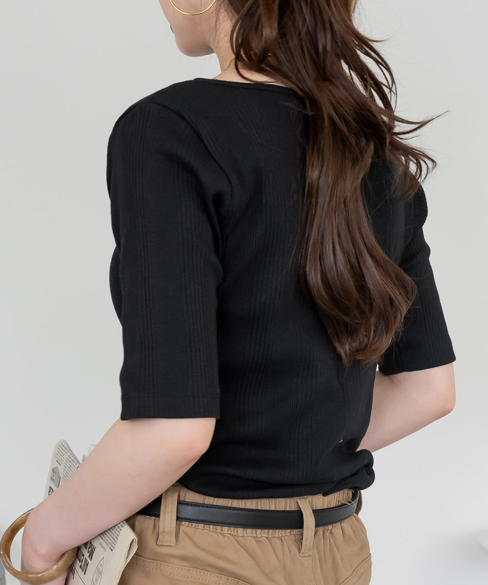 アットワン atONE【前後2WAY】ランダムリブボートネック&Vネックカットソー （BLACK） ブラック