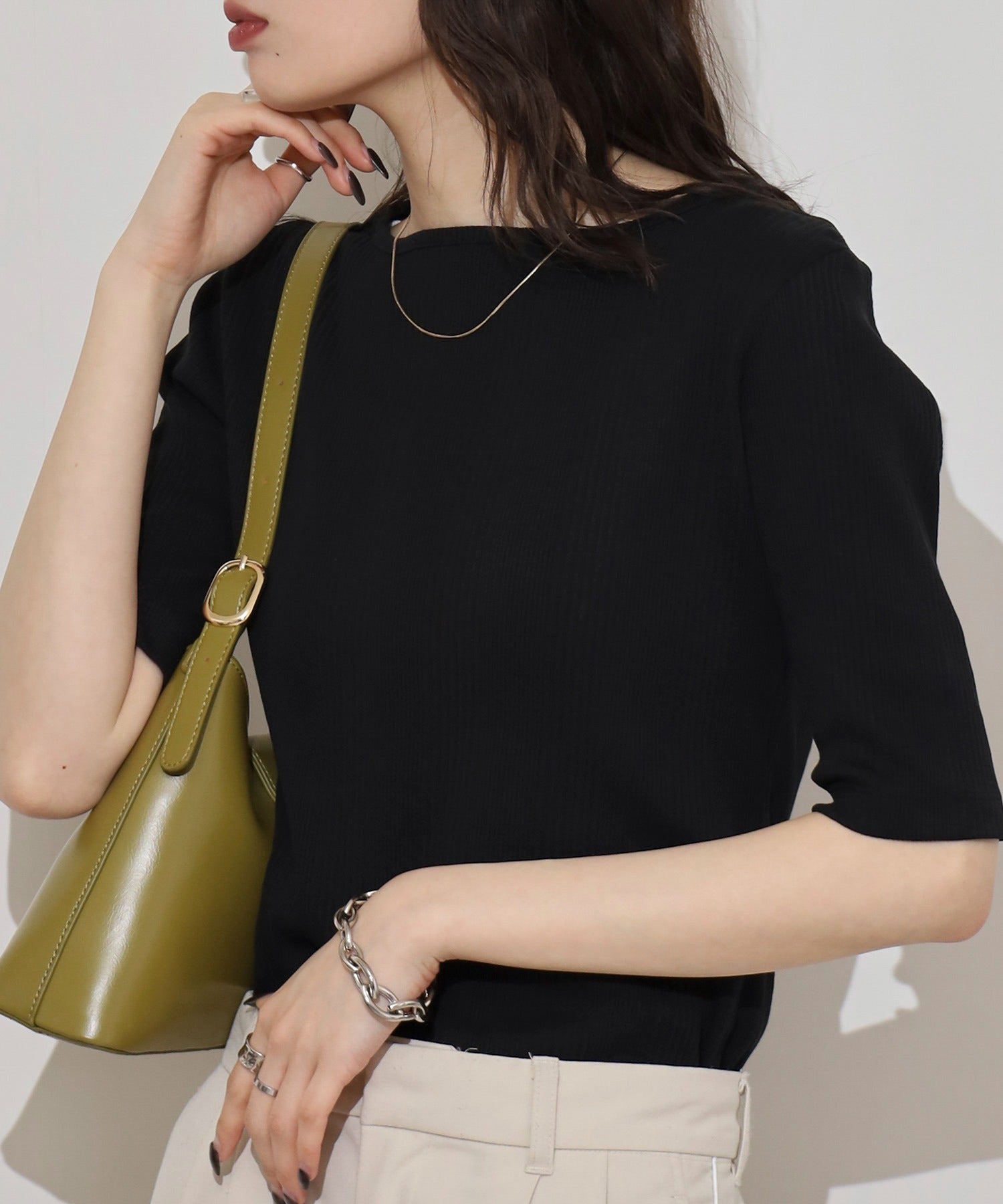 アットワン atONE【前後2WAY】ランダムリブボートネック&Vネックカットソー （BLACK） ブラック