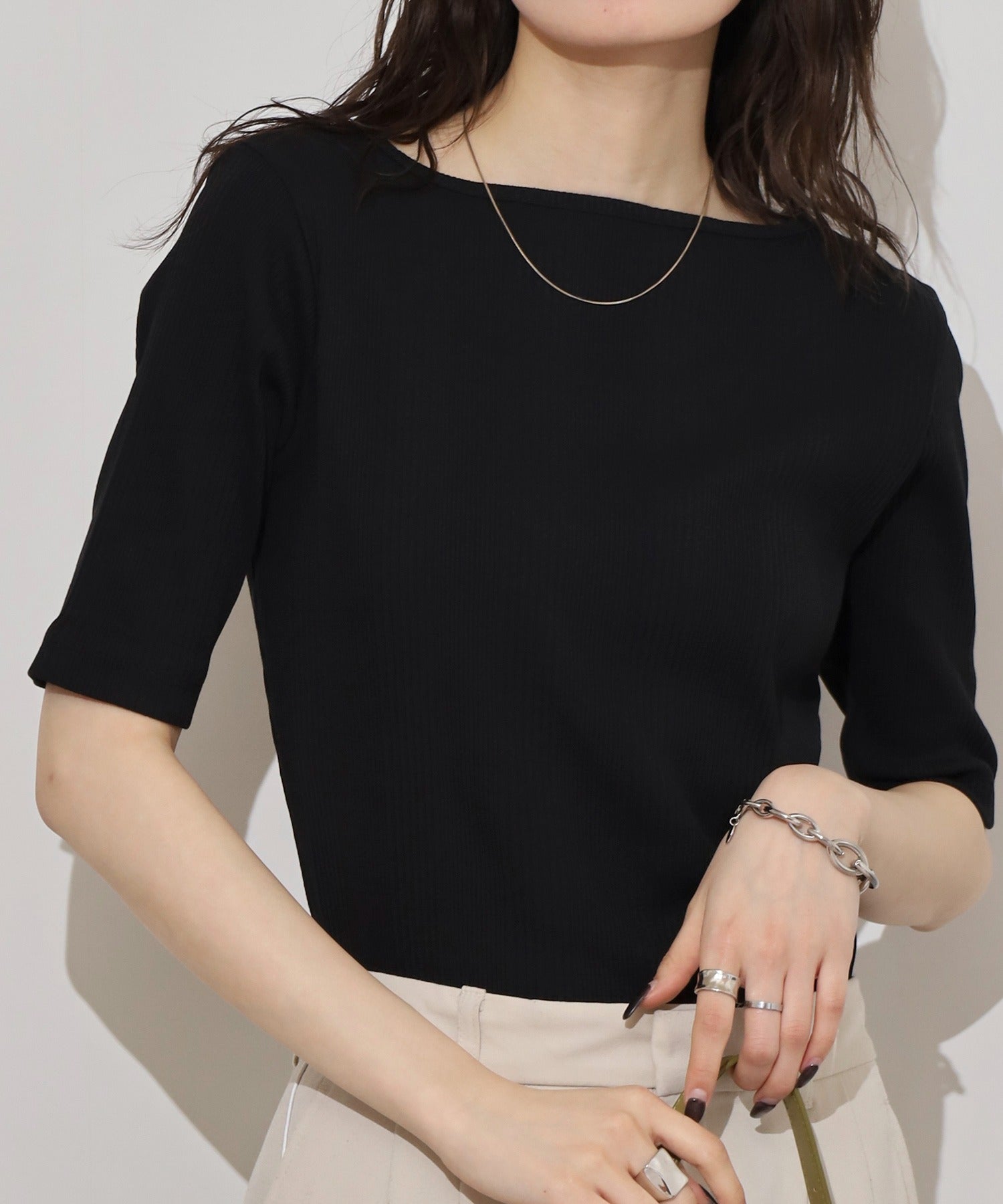 アットワン atONE【前後2WAY】ランダムリブボートネック&Vネックカットソー （BLACK） ブラック