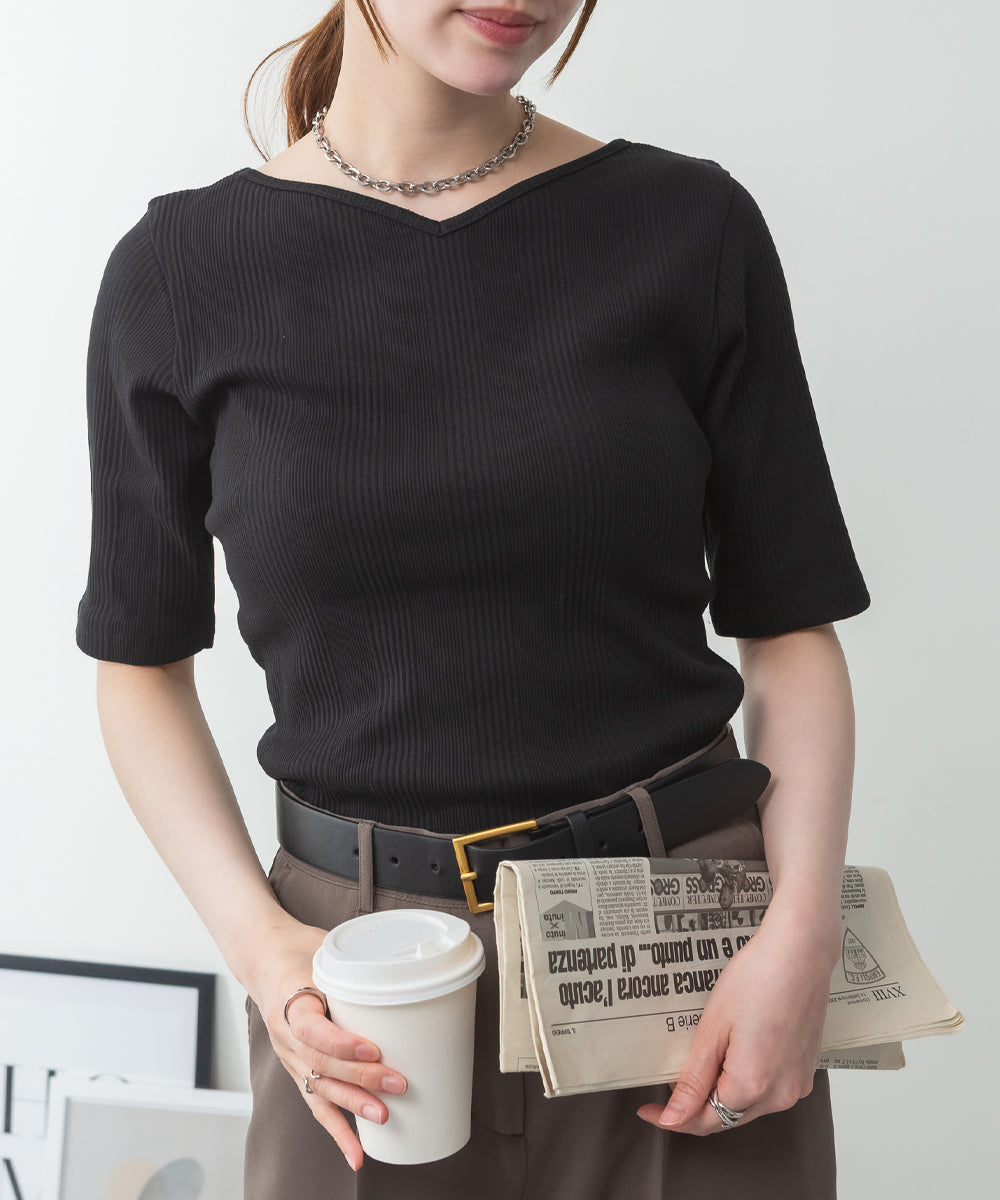 アットワン atONE【前後2WAY】ランダムリブボートネック&Vネックカットソー （BLACK） ブラック