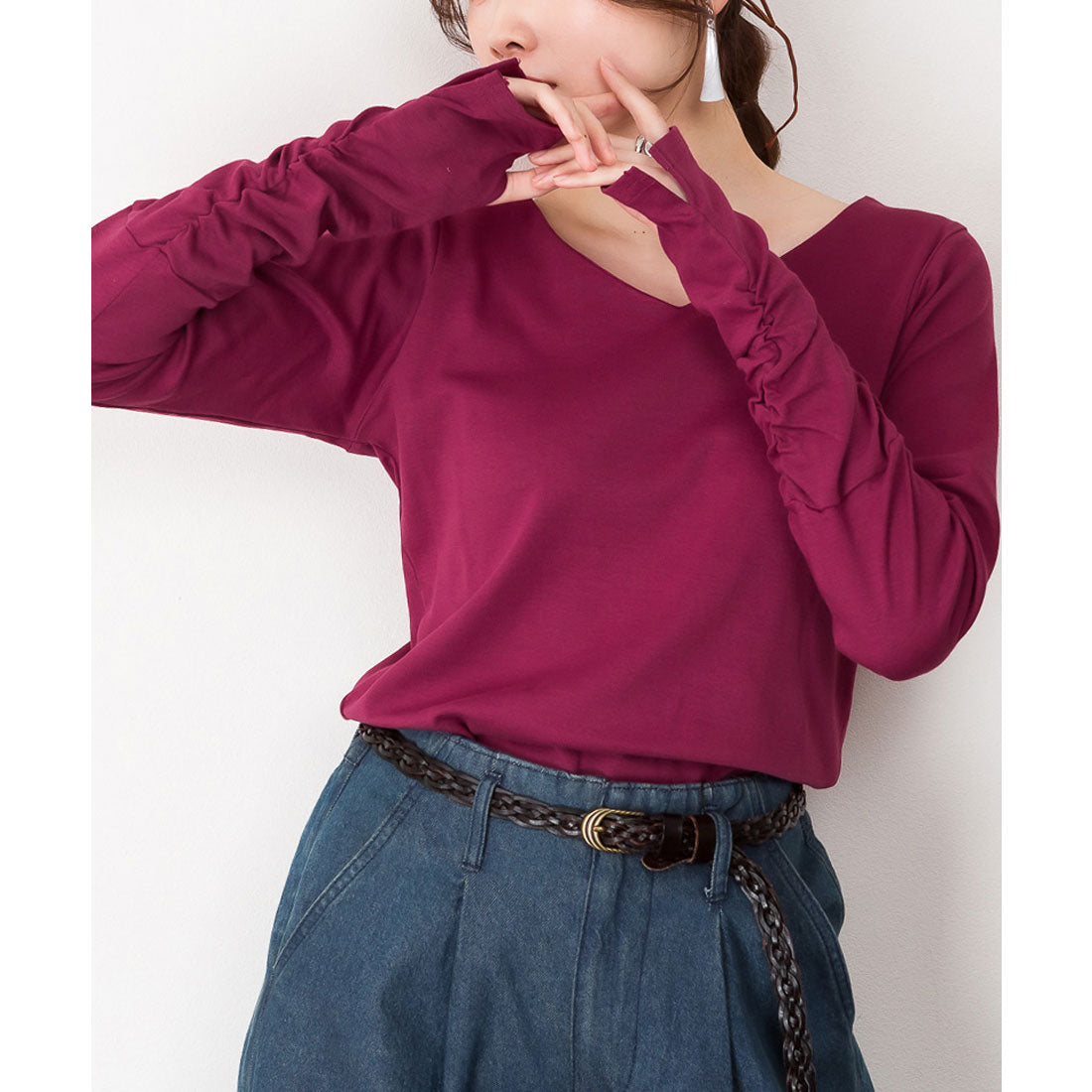 アットワン atONE Vネック指空きTシャツ,ラズベリー