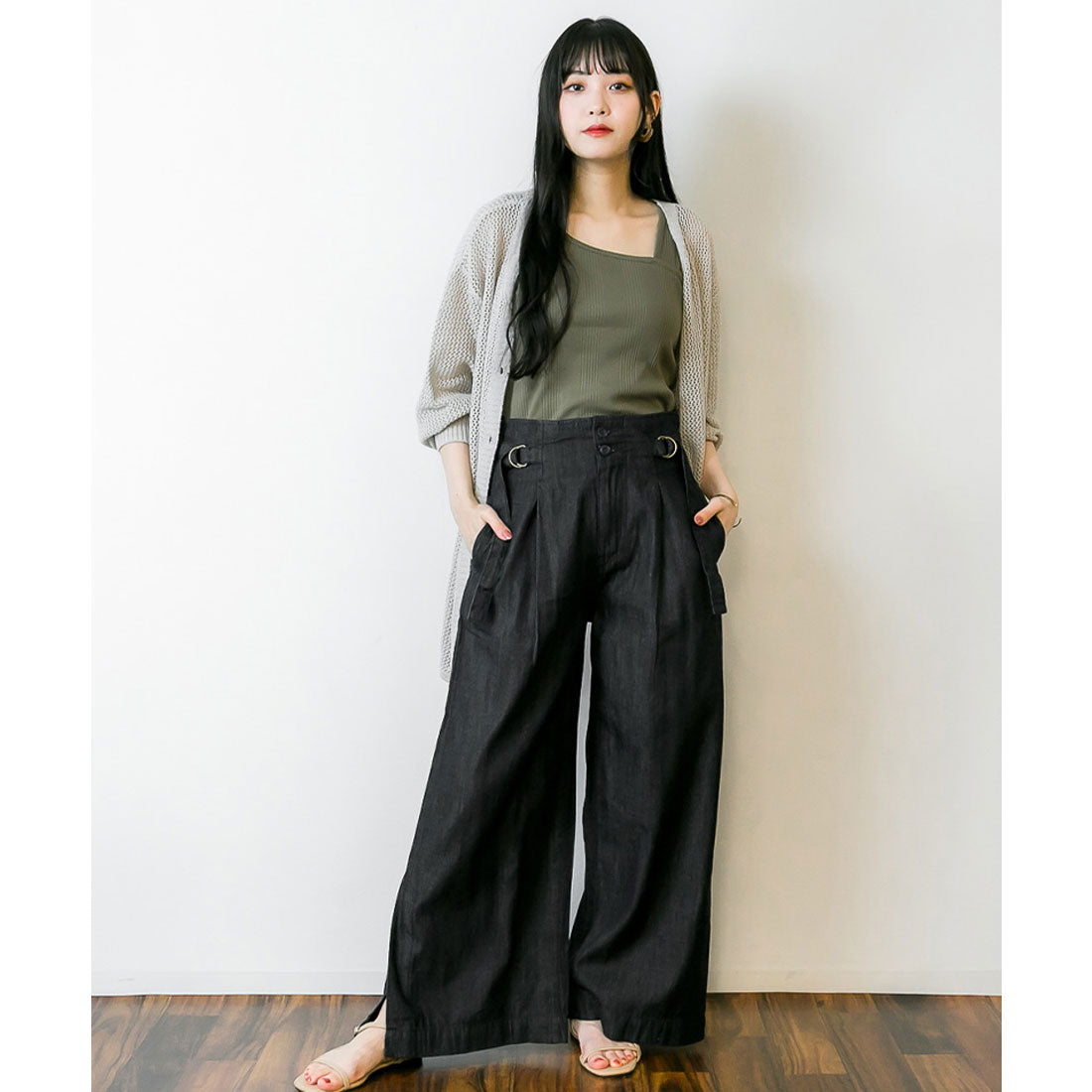 アットワン atONE デニムハイウエスト裾ベンツワイドパンツ