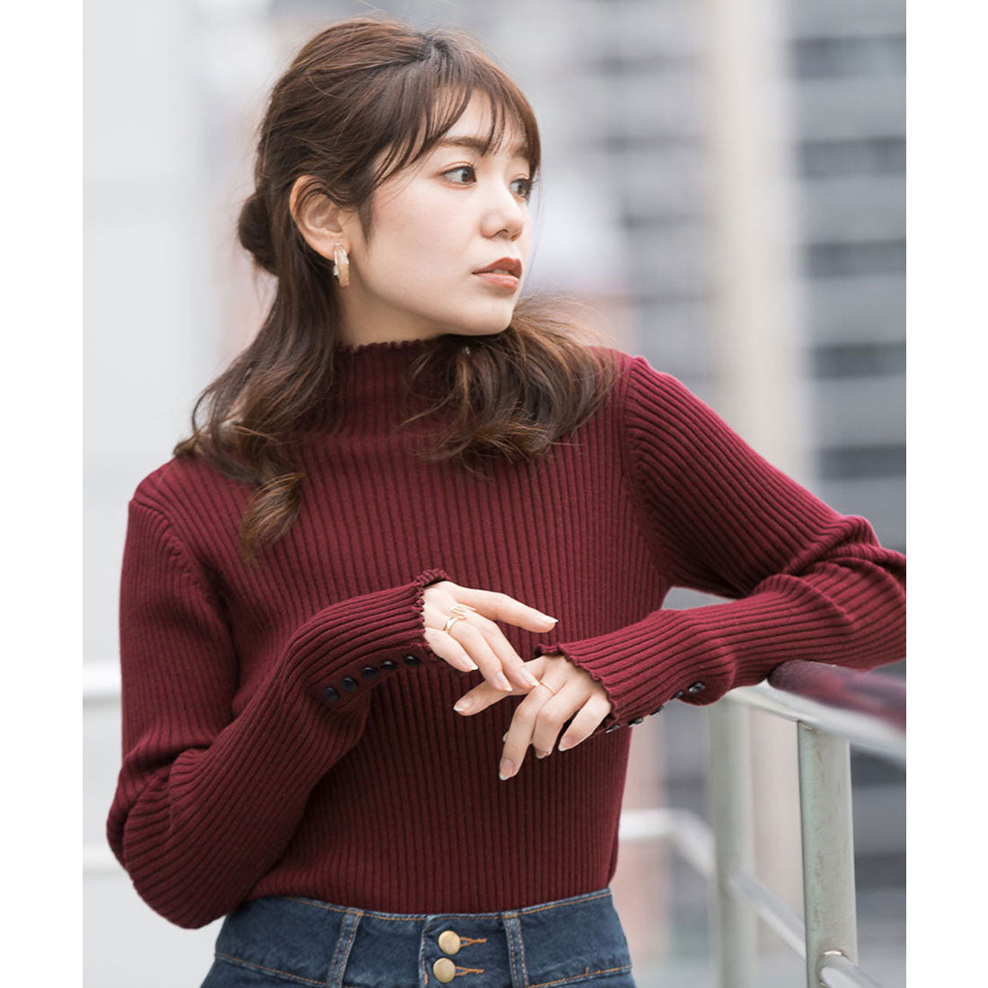 アットワン atONE メロウ襟タートルネックリブニット （バーガンディ） バーガンディ