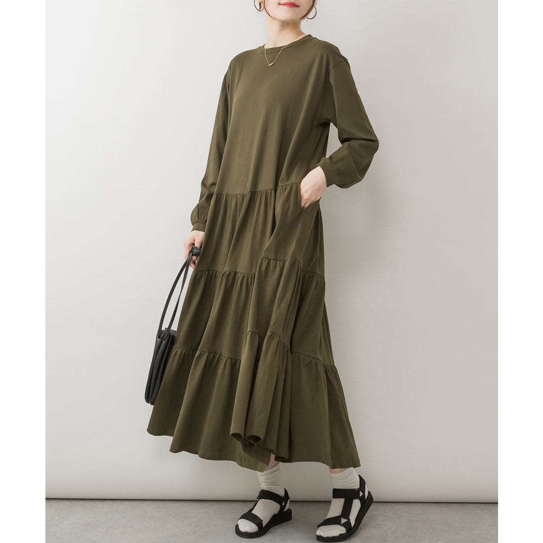 アットワン atONE ロングティアードカットワンピース,カーキ