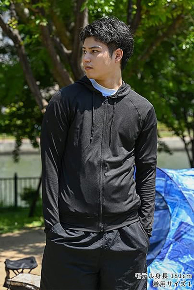 アウニイ auni 接触冷感 Q-MAX メンズ ラッシュガード 軽量 速乾 UPF50+ UVカット 長袖 指穴付き M～3L 8213 （ブラック） ブラック