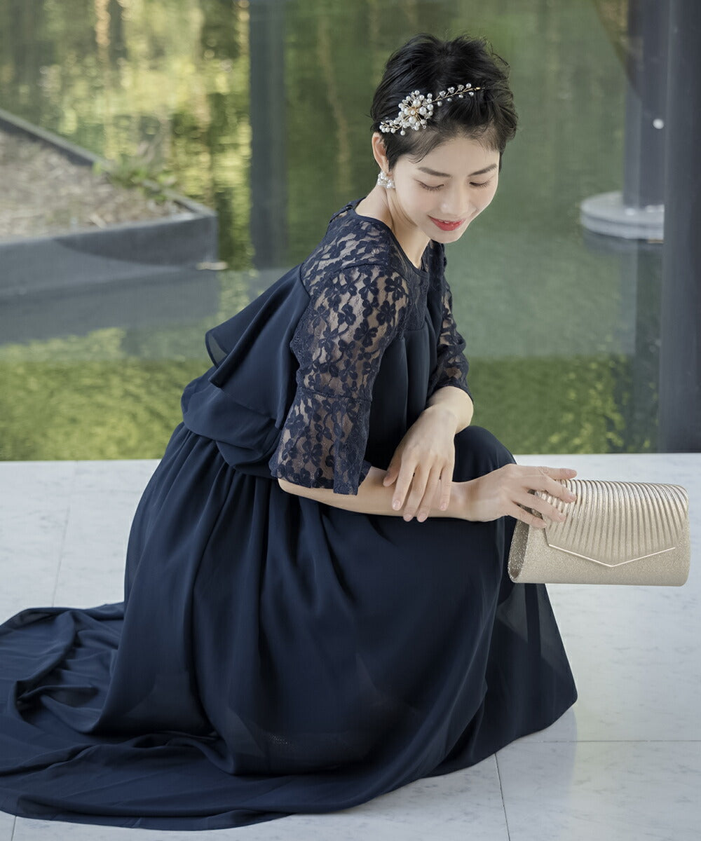 アウニイ auni 派對 連衣裙 婚禮 蕾絲 切換 胸前 褶邊 長裙 洋裝 2次會 1.5次會 被邀請 J327012