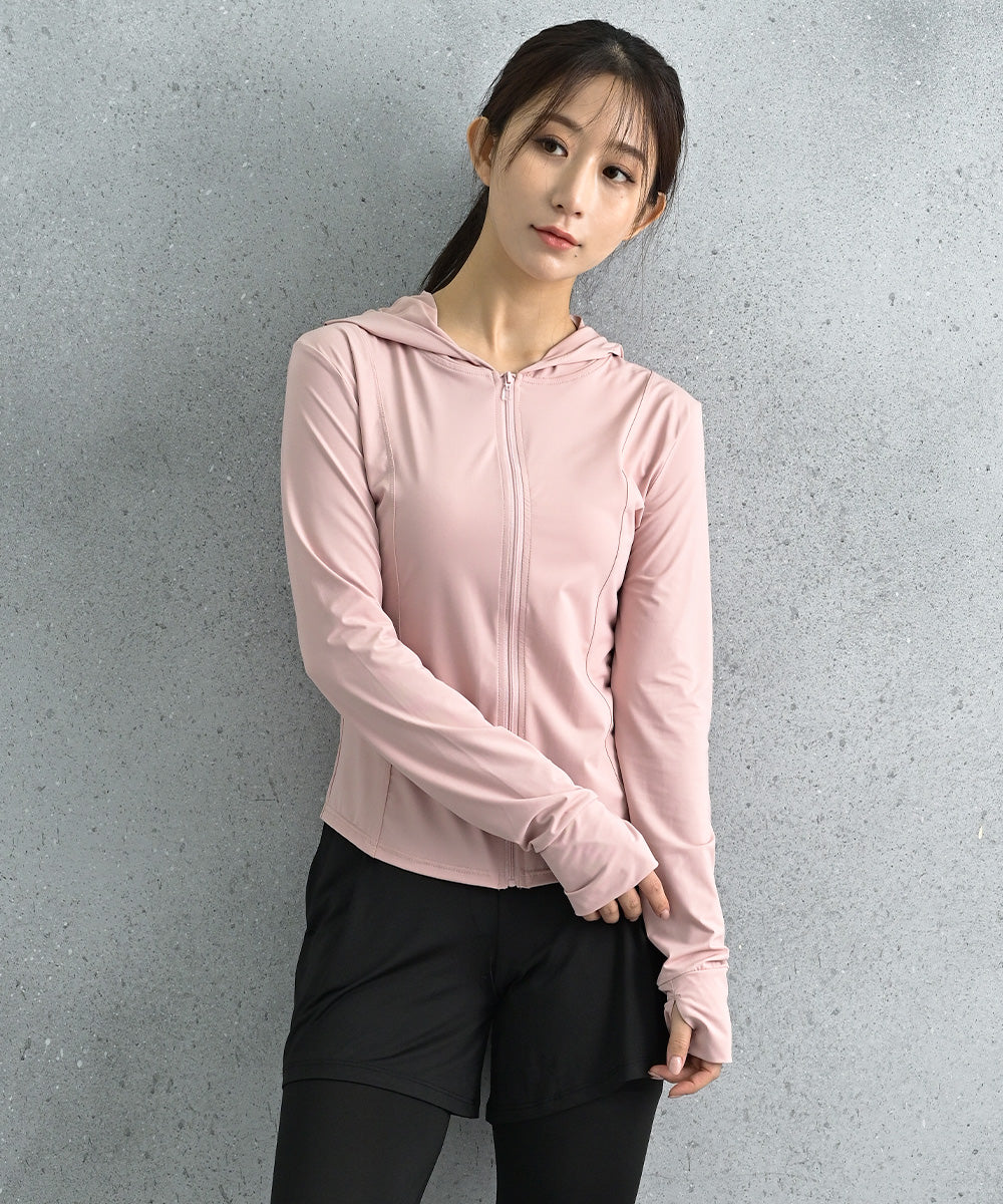 アウニイ auni ラッシュガード レディース 長袖 水着 UVカット タイト スリム ラッシュパーカー 日焼け対策ウェア ジップアップ フード付き 接触冷感 薄手 吸汗速乾 水陸両用 夏 紫外線対策 J20032 （ピンク） ピンク