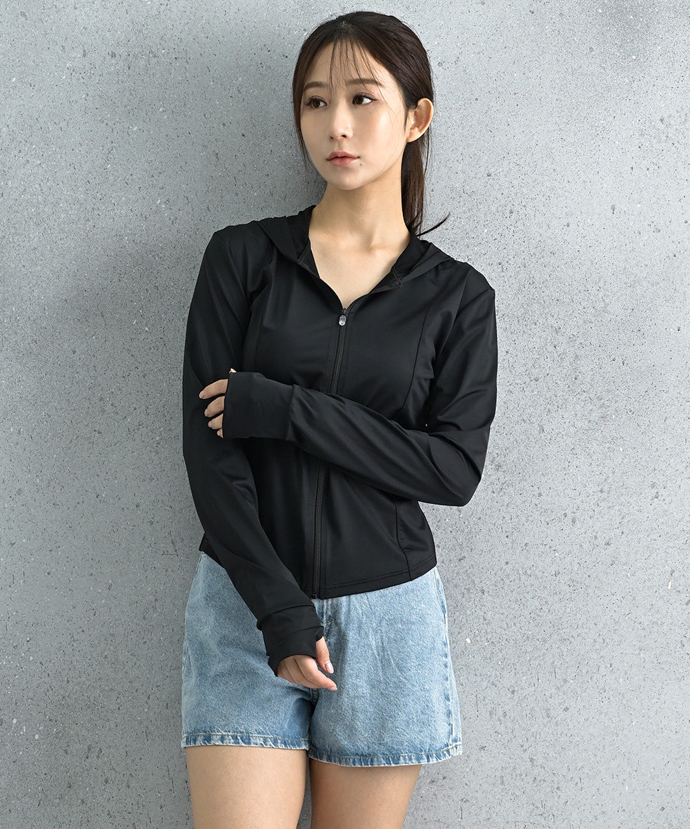 アウニイ auni ラッシュガード レディース 長袖 水着 UVカット タイト スリム ラッシュパーカー 日焼け対策ウェア ジップアップ フード付き 接触冷感 薄手 吸汗速乾 水陸両用 夏 紫外線対策 J20032 （ブラック） ブラック