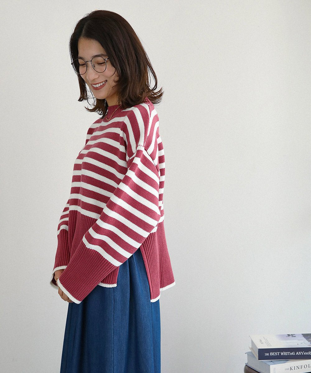 ブージュルード Bou Jeloud ボーダーラウンドネックニット,PINK