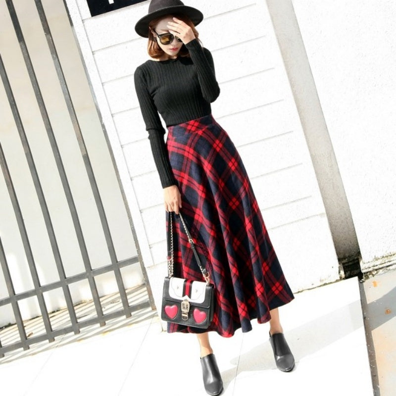 ベルシー Belle Cie チェックスカート ロング丈 フレア 秋冬 あったかい 韓国 ロングスカート ロング ふんわり 大人 かわいい Aライン おしゃれ ミモレ丈 きれいめ,レッド