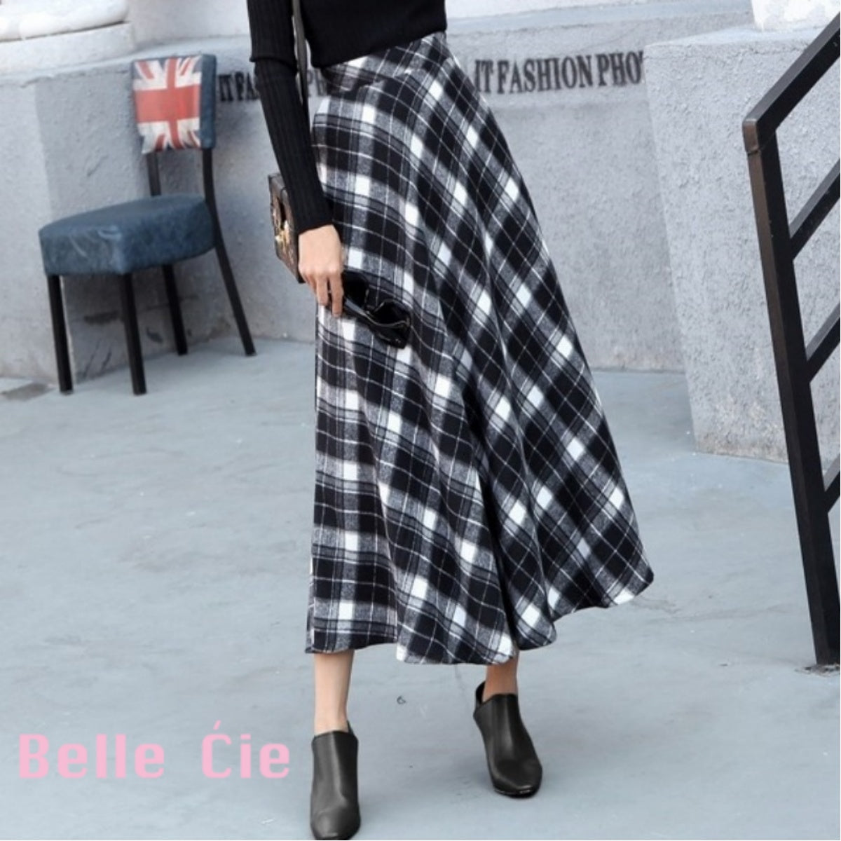 ベルシー Belle Cie チェックスカート ロング丈 フレア 秋冬 あったかい 韓国 ロングスカート ロング ふんわり 大人 かわいい Aライン おしゃれ ミモレ丈 きれいめ
