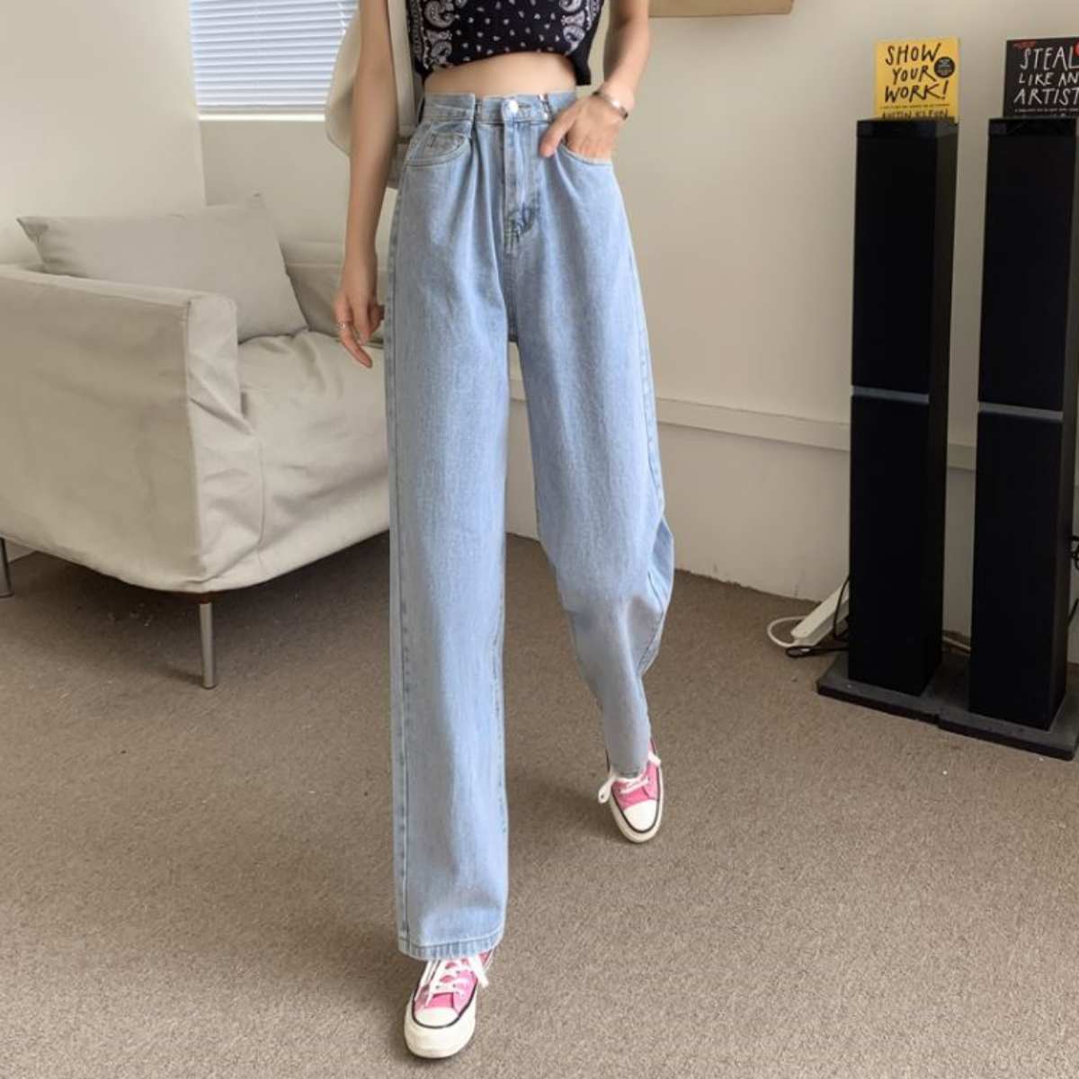 Belle Cie Wide Pants for Women, Waist Shape, High Waist Pants, Loose Fit Jeans, High Waist Denim Bottoms