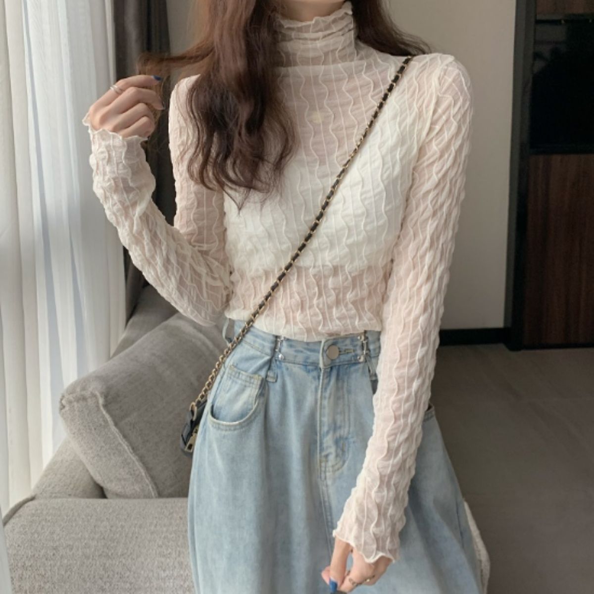 ベルシー Belle Cie シアートップス ハイネック 長袖 透け感 インナー シースルー レディース 重ね着 かわいい おしゃれ 上品 シンプル 肌見せ レイヤード 柄 総柄